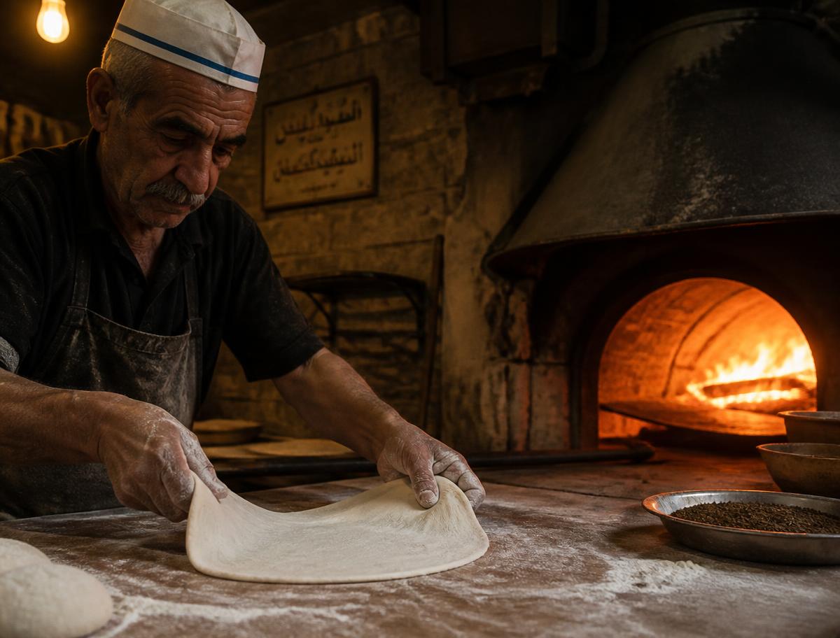 A baker stretching manakish dough beside the wood-fired oven at Abou Tony